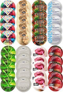 Набір з 40 шт ONE Ribs + ONE Vanish + ONE Tattoo + ONE Sensitive + ONE Glowing + ONE Dome + ONE Bubblegum + ONE Chocolate Strawberry SOS8315 фото