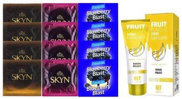 Комплект: Лубрикант OLO Banana (120мл) + 8 шт. SKYN + 4 шт. Pasante Blueberry SOS10487 фото
