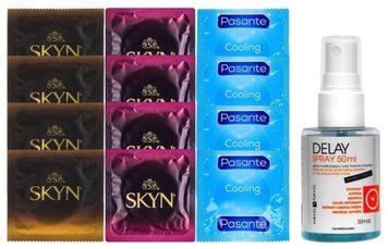 Комплект: Пролонгатор LOVELY LOVERS DELAY SPRAY 50 ML + 8 шт SKYN + 4 шт Pasante Cooling SOS10835 фото