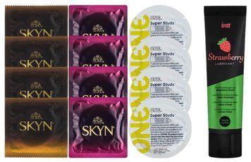 Набір:  Лубрикант Intt Strawberry (100 мл) + 4 шт SKYN passion daiquiri + 4 шт SKYN CHERRY SUNRISE + 4 шт 𝐎𝐍𝐄 𝐒𝐮𝐩𝐞𝐫 𝐒𝐭𝐮𝐝𝐬 SOS10357 фото