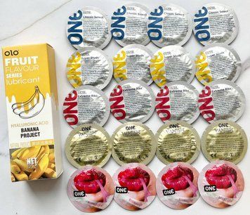 Набір 20 шт - ONE Super Studs, Classic, Vanish, Extreme ribs, Flavor Waves + Лубрикант SWEET SECRET 120ml OLO SOS1895 фото