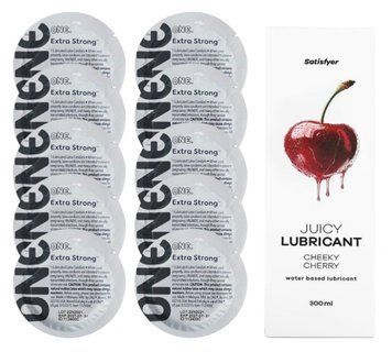 Комплект ONE Extra strong 10 шт. + Лубрикант Satisfyer Juicy Lubricant Cheeky Cherry (300 мл) SOS12259 фото