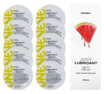 Комплект 𝐎𝐍𝐄 𝐒𝐮𝐩𝐞𝐫 𝐒𝐭𝐮𝐝𝐬 10 шт. + Лубрикант Satisfyer Juicy Lubricant Melty Melon (300 мл) SOS12359 фото