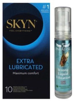 Набор из SKYN Extra Lube (10 шт) + Жидкий вибратор 5th Paradise Liquid Vibrator &mdash; Кола (10 мл) SOS10166 фото
