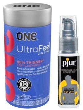 Набор из ONE UltraFeel 2-in-1 Pack 10 шт + Пролонгатор pjur Superhero Serum 20 мл SOS9249 фото