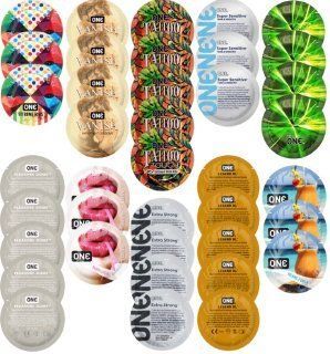 Набір з 39 шт ONE Extreme Ribs + ONE Vanish + ONE Tattoo + ONE Sensitive + ONE Glowing + ONE Pleasure Dome + ONE Bubblegum + ONE Extra Strong + ONE Legend XL + ONE Island Punch SOS8324 фото