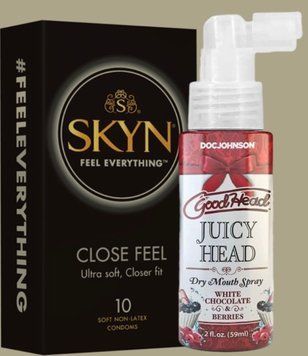 Набір SKYN Close Feel пачка 10 штук + Зволожувальний спрей оральний Doc Johnson GoodHead - Juicy Head - White Chocolate and Berries 59мл SOS5036 фото