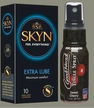 Набір Skyn Extra Lube 10 штук + Спрей  Doc Johnson GoodHead Tingle Spray - Sweet Cherry (29 мл)  SOS5225 фото