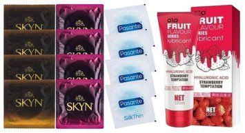 Комплект: Лубрикант OLO со вкусом клубники (120 мл) + 8 шт. SKYN + 4 шт. Pasante Silk SOS10597 фото