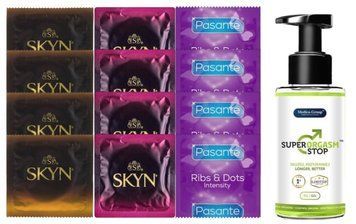 Комплект: Пролонгатор Super Orgasm Stop Гель (150 мл) + 8 шт. SKYN + 4 шт. Pasante Intensity (Ribs & Dots) SOS10794 фото