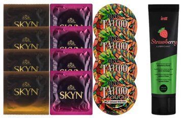 Набір:  Лубрикант Intt Strawberry (100 мл) + 4 шт SKYN passion daiquiri + 4 шт SKYN CHERRY SUNRISE + 4 шт ONE Tattoo Touch  SOS10366 фото