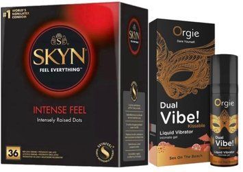 Набор из SKYN Intense Feel (36 шт) + Жидкий вибратор SEXY VIBE "Коктейль Секс на пляже" DUAL VIBE! (15 мл) от Orgie SOS9820 фото