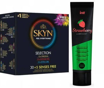 Набір : Skyn Selection 30 шт + 5 of 5 Senses та Лубрикант  Intt Strawberry (100 мл) SOS76 фото