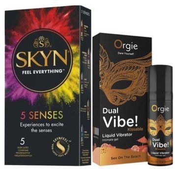 Набір з SKYN 5 Senses + Рідкий вібратор SEXY VIBE коктейль Секс на пляжі DUAL VIBE!, 15 мл Orgie  SOS9610 фото