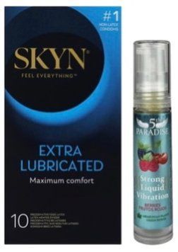Набор из SKYN Extra Lube (10 шт) + Жидкий вибратор 5th Paradise Liquid Vibrator &mdash; Красные ягоды (10 мл) SOS10167 фото