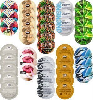 Набір з 39 шт ONE Extreme Ribs + ONE Vanish + ONE Tattoo + ONE Sensitive + ONE Glowing + ONE Pleasure Dome + ONE Bubblegum + ONE Extra Strong + ONE Legend XL + ONE Fresh Mint SOS8325 фото