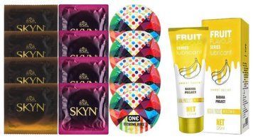 Комплект: Лубрикант OLO Banana (120мл) + 8 шт. SKYN + 4 шт. One Extreme ribs SOS10497 фото