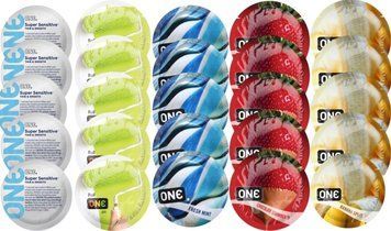 Набор с 25 шт ONE Super Sensitive + ONE Color + ONE Fresh Mint + ONE Chocolate Strawberry + ONE Banana Split SOS8275 фото