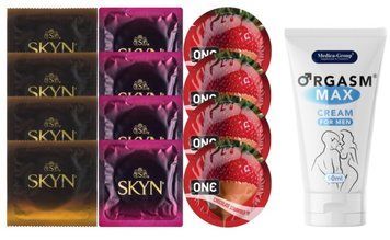 Комплект: Пролонгатор Medica-Group Orgasm Max 50 мл + 8 шт. SKYN + 4 шт. ONE Chocolate Strawberry SOS10988 фото