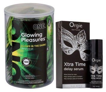 Набор из ONE Glowing Pleasures, 100 шт + Пролонгатор Orgie Xtra Time Delay Serum, 15 мл SOS9561 фото