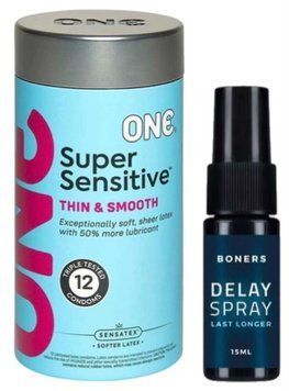 Набор из ONE Super Sensitive Pack 12 шт + Пролонгатор Boners Delay Spray 15 мл SOS9412 фото