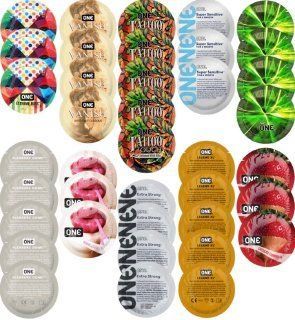 Набір з 39 шт ONE Extreme Ribs + ONE Vanish + ONE Tattoo + ONE Sensitive + ONE Glowing + ONE Pleasure Dome + ONE Bubblegum + ONE Extra Strong + ONE Legend XL + ONE Chocolate Strawberry SOS8326 фото