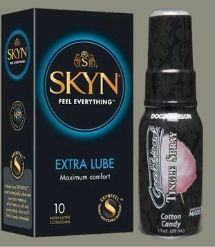 Набір Skyn Extra Lube 10 штук + Спрей Doc Johnson GoodHead Tingle Spray - Cotton Candy (29 мл)  SOS5227 фото