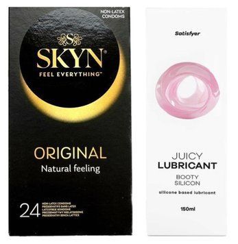 Комплект Лубрикант Satisfyer Juicy Lubricant Booty Silicon 150 мл + SKYN Original 24 шт SOS12672 фото