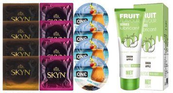 Комплект: Лубрикант OLO со вкусом яблока (120 мл) + 8 шт. SKYN + 4 шт. ONE Island Punch SOS10746 фото