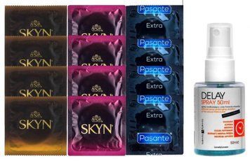 Комплект: Пролонгатор LOVELY LOVERS DELAY SPRAY 50 ML + 8 шт SKYN + 4 шт Pasante Extra Safe SOS10846 фото