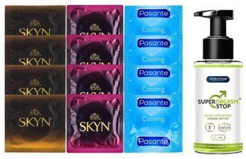 Комплект: Пролонгатор Super Orgasm Stop Гель (150 мл) + 8 шт. SKYN + 4 шт. Pasante Cooling SOS10796 фото