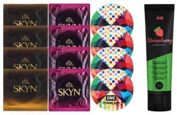 Набір:  Лубрикант Intt Strawberry (100 мл) + 4 шт SKYN passion daiquiri + 4 шт SKYN CHERRY SUNRISE + 4 шт One Extreme ribs SOS10368 фото