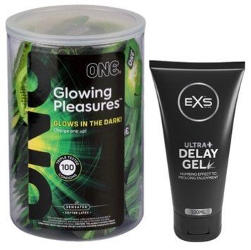 Набір з ONE Glowing Pleasures, 100 шт + Пролонгатор EXS Delay Gel Ultra+ 100ml SOS9562 фото