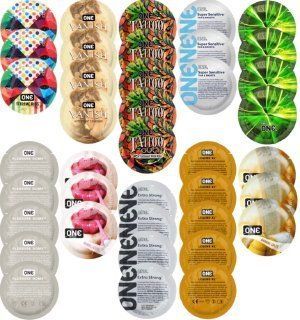 Набір з 39 шт ONE Extreme Ribs + ONE Vanish + ONE Tattoo + ONE Sensitive + ONE Glowing + ONE Pleasure Dome + ONE Bubblegum + ONE Extra Strong + ONE Legend XL + ONE Banana SOS8327 фото