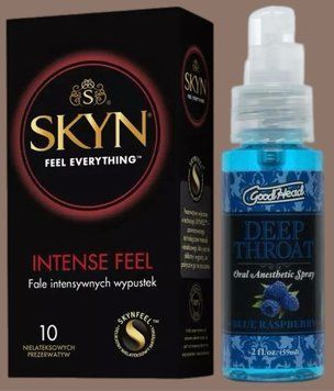 Комплект SKYN Intense Feel 10 шт + Спрей Doc Johnson GoodHead DeepThroat Spray - Blue Raspberry 59 мл   SOS5663 фото