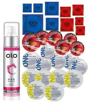 Комплект 28 шт One Super Studs, Classic, Flavor Waves и EXS Cooling, Warming &ndash; Лубрикант согревающий OLO (60 мл) SOS3417 фото