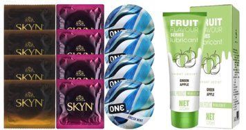Комплект: Лубрикант OLO со вкусом яблока (120 мл) + 8 шт. SKYN + 4 шт. ONE Fresh Mint SOS10747 фото