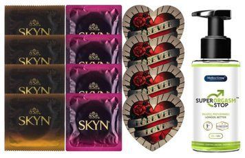 Комплект: Пролонгатор Super Orgasm Stop Гель (150 мл) + 8 шт. SKYN + 4 шт. Pasante Heart SOS10797 фото