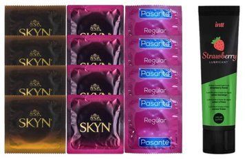 Набір:  Лубрикант Intt Strawberry (100 мл) + 4 шт SKYN passion daiquiri + 4 шт SKYN CHERRY SUNRISE + 4 шт Pasante Regular SOS10369 фото