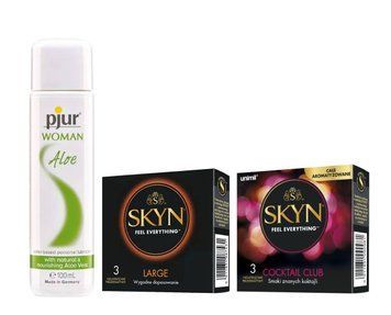 Набор: SKYN Large &mdash; 3 шт, SKYN Cocktail Club &mdash; 3 шт и Лубрикант Pjur Woman Aloe &mdash; 100 мл SOS909 фото