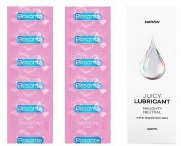 Комплект Pasante extra sensitive 10 шт. + Лубрикант Satisfyer Juicy Lubricant Naughty Neutral water based 300 мл SOS11522 фото