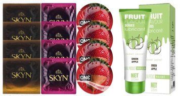 Комплект: Лубрикант OLO со вкусом яблока (120 мл) + 8 шт. SKYN + 4 шт. ONE Chocolate Strawberry SOS10748 фото