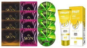 Комплект: Лубрикант OLO Banana (120мл) + 8 шт. SKYN + 4 шт. One Glowing SOS10500 фото
