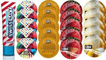 Набор из SwissNavy CoolingPeppermint 10мл + ONERibs + ONE Legend XL + ONEChocolateStrawberry + ONEBanana SOS8642 фото