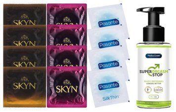Комплект: Пролонгатор Super Orgasm Stop Гель (150 мл) + 8 шт SKYN + 4 шт Pasante Silk SOS10798 фото