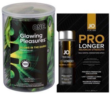 Набор из ONE Glowing Pleasures, 100 шт + Пролонгатор JO Prolonger Spray with Lidocaine (60 мл) SOS9564 фото