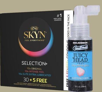 Комплект Skyn Selection 30 шт + 5 of 5 Senses , 35 шт + Спрей Doc Johnson GoodHead Juicy Head Dry Mouth Spray Cotton Candy 59мл SOS5524 фото