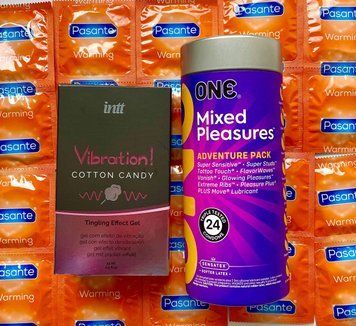 Комплект 36 шт ONE Mixed Pleasures + Pasante Warming + Рідкий вібратор Intt Vibration Cotton Candy (15 мл) SOS1558 фото