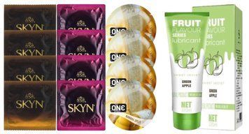 Комплект: Лубрикант OLO со вкусом яблока (120 мл) + 8 шт. SKYN + 4 шт. ONE Banana Split SOS10749 фото