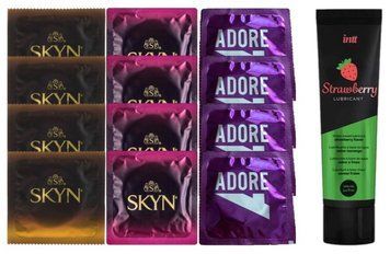 Набір:  Лубрикант Intt Strawberry (100 мл) + 4 шт SKYN passion daiquiri + 4 шт SKYN CHERRY SUNRISE + 4 шт Pasante Adore Extra Sure SOS10371 фото